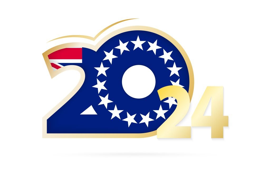 Year 2024 with Cook Islands Flag pattern. Vector Illustration